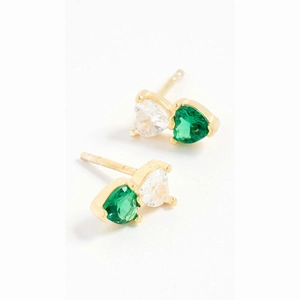 Elegant gold earrings with white and green heart-shaped crystals in high-quality finish