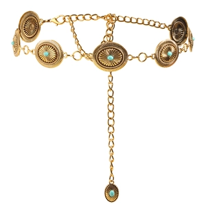 Vintage bohemian metal waist chain with turquoise circular charms and gold-tone finish
