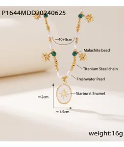 Detail of titanium steel necklace with freshwater pearls, malachite and star pendant