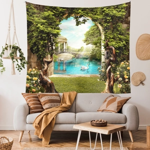Detail eines Wandteppichs mit einer Gartenlandschaft und einer Steinbrücke für Zimmer