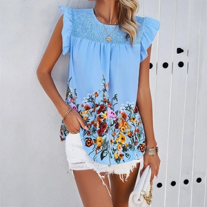 Women Floral Print Sleeveless Top Ruffle Cap Sleeve Smocked Round Neck Casual Summer Blouse Lightweight Polyester Elastane