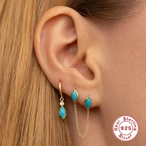 S925 sterling silver gold hoop earrings set with turquoise marquise stones on model