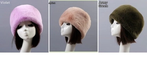 Three winter faux rabbit fur hats in lavender, apricot, and army green for women