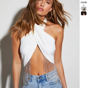 Halter Überkreuztes Tank Top Mit Strass Metallkettenfransen Sexy Ärmellose Kurze Weste Für Club Party Streetwear