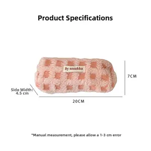 Detail view of pink checkered fleece pencil case showing dimensions 20x7x4.5cm