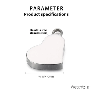 Detail view of 15x10mm stainless steel heart pendant with measurements and 1g weight