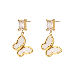 18K gold plated butterfly earrings with square cubic zirconia on white background
