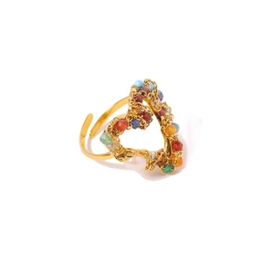 Adjustable gold heart ring with woven colorful beads and natural freshwater pearl accent