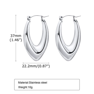 Detail shot of silver U-shaped hoop earrings with precise dimensions 37mm x 22.2mm