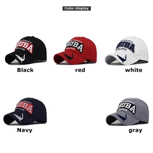 Detailed view of Aruba embroidered baseball caps in black, red, white, navy and gray colors