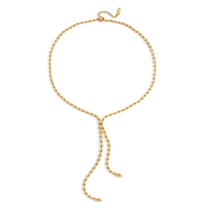 Elegant gold stainless steel Y-shaped necklace with polished beads on white background