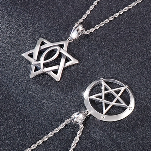 Silver stainless steel necklace with Masonic pentagram and hexagram pendants for men