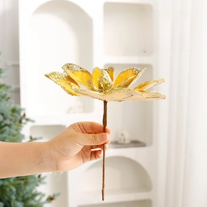 Artificial gold glitter magnolia flower branch for Christmas tree holiday decoration