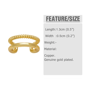 Detail view of a 1.3cm gold plated double-layer ear cuff with dimensions and material specs