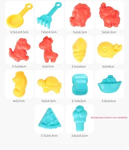 Detailed view showing dimensions of 14 ABS plastic colorful sand molds and beach tool set