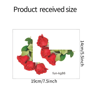 Detail view of red rose and green leaf wall sticker with 19cm x 14cm size dimensions