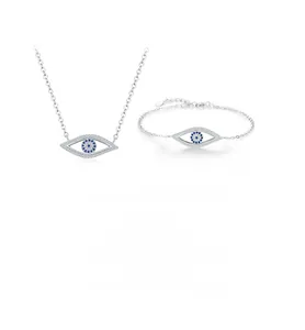 Macro shot of S925 silver Evil Eye jewelry set with blue and white cubic zirconia stones
