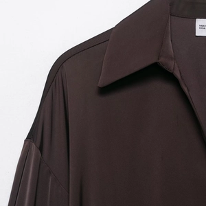 Dark brown satin long sleeve shirt featuring a professional lapel collar and smooth texture