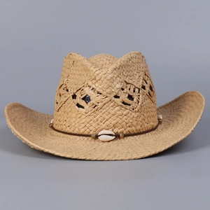 Western Cowboy Straw Sun Hat Wide Brim Hollow Knit Paper Summer Beach Travel Jazz Hat Shell Decoration For Women Men