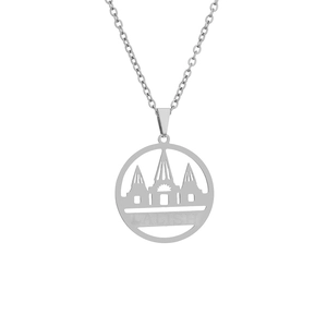 Detail of silver stainless steel necklace with round hollow Lalish pendant design