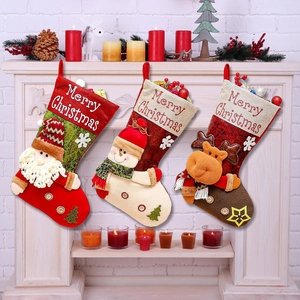 3D Cartoon Christmas Stockings Santa Snowman Reindeer Applique Merry Christmas Embroidery Holiday Hanging Gift Candy Bag