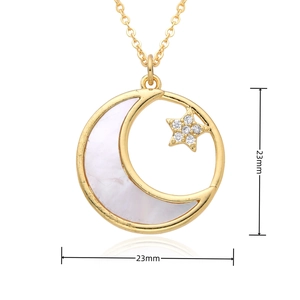 Detail view of gold-plated crescent moon pendant with shell inlay and 23mm size scale