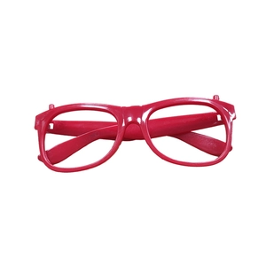 Detailed view of red plastic glasses frame without lenses for party and costume decoration