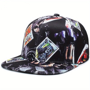 Flat brim baseball cap with gothic skull and card print, 45-degree angle studio shot