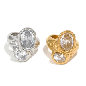 18K gold and silver plated stainless steel ring with dual oval zircons and lava texture