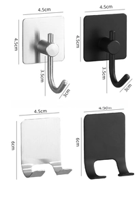 Detail showing dimensions of 304 stainless steel self-adhesive wall hooks in silver and black