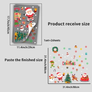 Detailed sizing guide for static Christmas wall stickers showing sheet and finished layouts