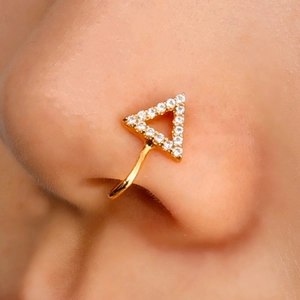U-shaped gold geometric triangle nose cuff with sparkling zircon crystals for women