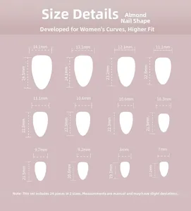Tableau des tailles pour faux ongles en amande affichant douze dimensions de largeur