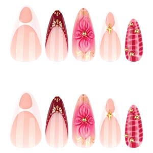 Kurze Mandel-Press-On-Nägel mit 3D-Blumenmustern, rotem Karo und goldener Verzierung