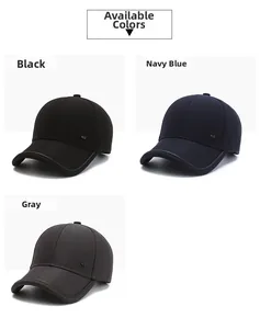 Detailed close-up of men's outdoor baseball caps in black, navy, and grey colors