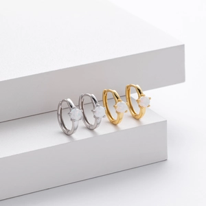 S925 sterling silver hoop earrings with round white opal in gold and silver finishes
