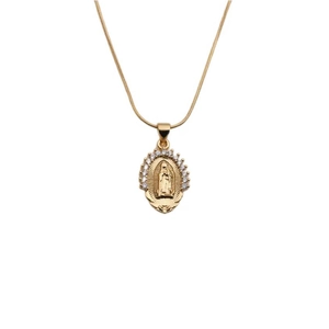 Close-up of gold-plated Virgin Mary oval pendant necklace with sparkling zircon halo