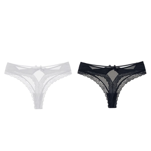 Perizoma sexy da donna in seta di ghiaccio e pizzo con cinturini incrociati in nero e bianco