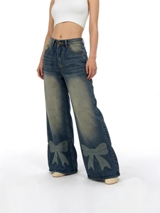 Jean Large En Denim De Coton Imprimé Nœud Taille Haute Lavage Vintage Pantalon Décontracté Pour Femme