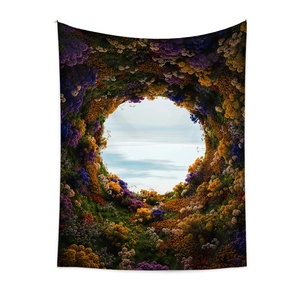Bohemian floral tunnel wall tapestry with vibrant blooming flowers and blue sky design