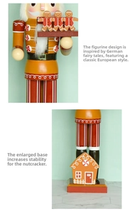 Detail of wooden nutcracker with gingerbread man decorations and stable house base