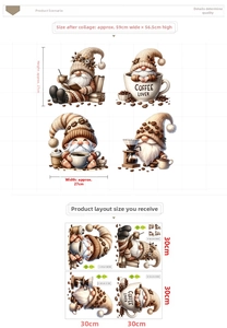 Détails des stickers gnomes café avec dimensions 59x56,5cm pour décoration murale et meuble