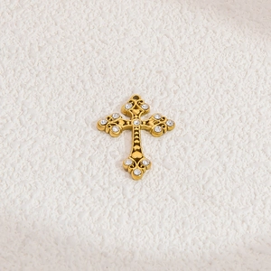 Golden stainless steel cross pendant with heart pattern and sparkling zircon stones