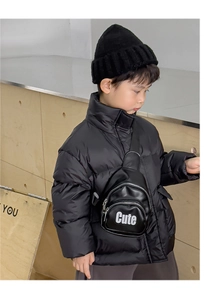 Close-up of black crossbody bag with Cute letter print for kids outdoors sport