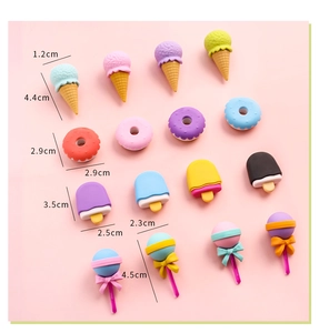 Detailed size chart for colorful dessert-shaped erasers including ice cream and donuts