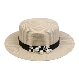 Women Flat Top Straw Boater Hat Wide Brim Sun Protection Summer Beach Vacation Faux Artificial Pearl Flower Ribbon Decor Elegant