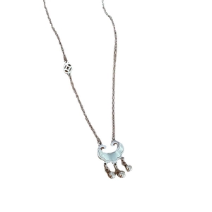 Silver titanium steel necklace with ruyi lock pendant and small coins on white background