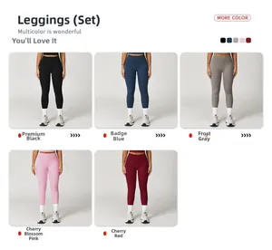 Vue détaillée du pantalon de yoga taille haute en cinq couleurs dont noir, bleu et rouge