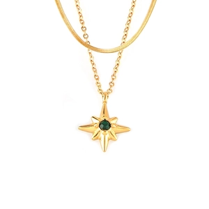Stainless Steel Layered Necklace For Women Gold Plated Snake Chain With Eight Pointed Star Green Stone Pendant Elegant