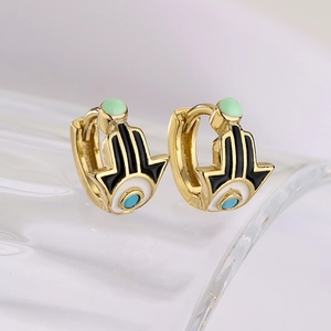 Golden Hamsa hand hoop earrings with colorful enamel charms in black white green blue